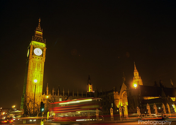Big Ben and Double Decker at Night in London, England