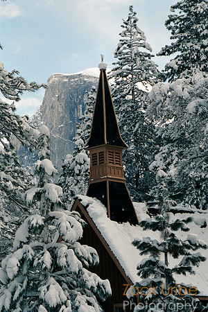 Chapel with Snow and Half Dome
